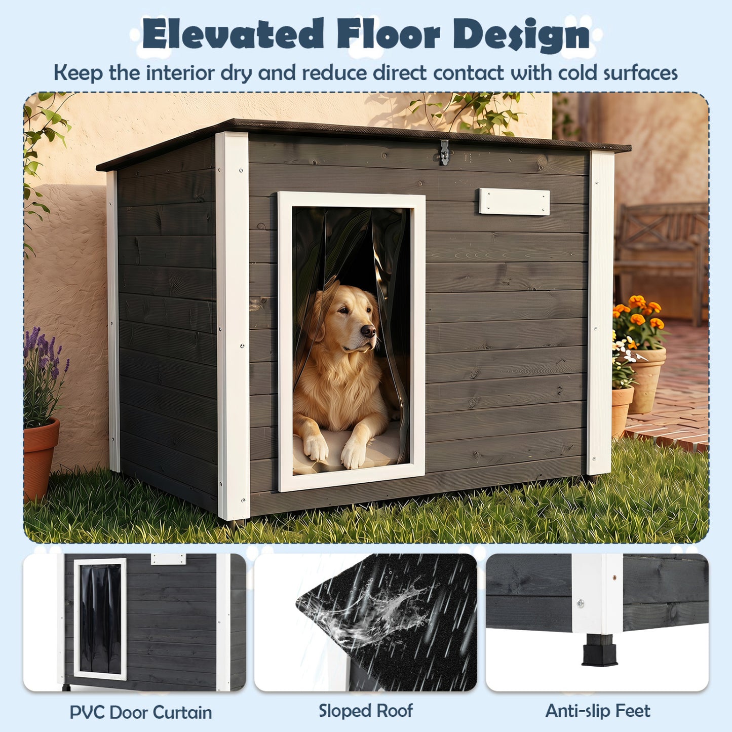 Wooden Dog House, Spruce Frame, Removable Floor, Asphalt Roof, Natural