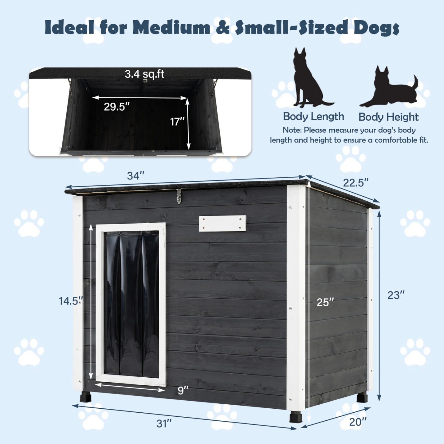 Wooden Dog House Outdoor, Natural Spruce Wood, Removable Floor, Openable Roof, S