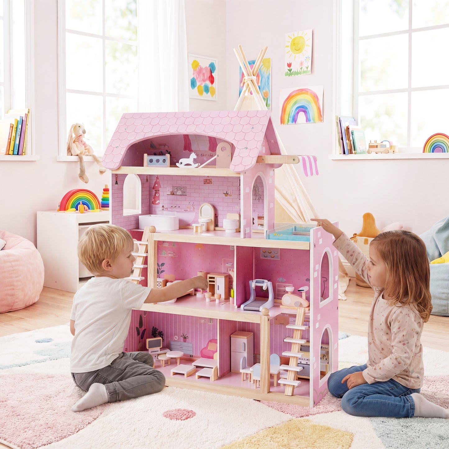 Maison de poupée en bois pour enfants, maison de jeu DIY avec 33 meubles, rose