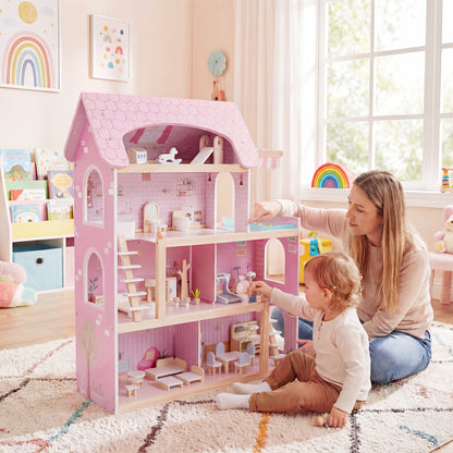 Maison de poupée en bois pour enfants, maison de jeu DIY avec 33 meubles, rose