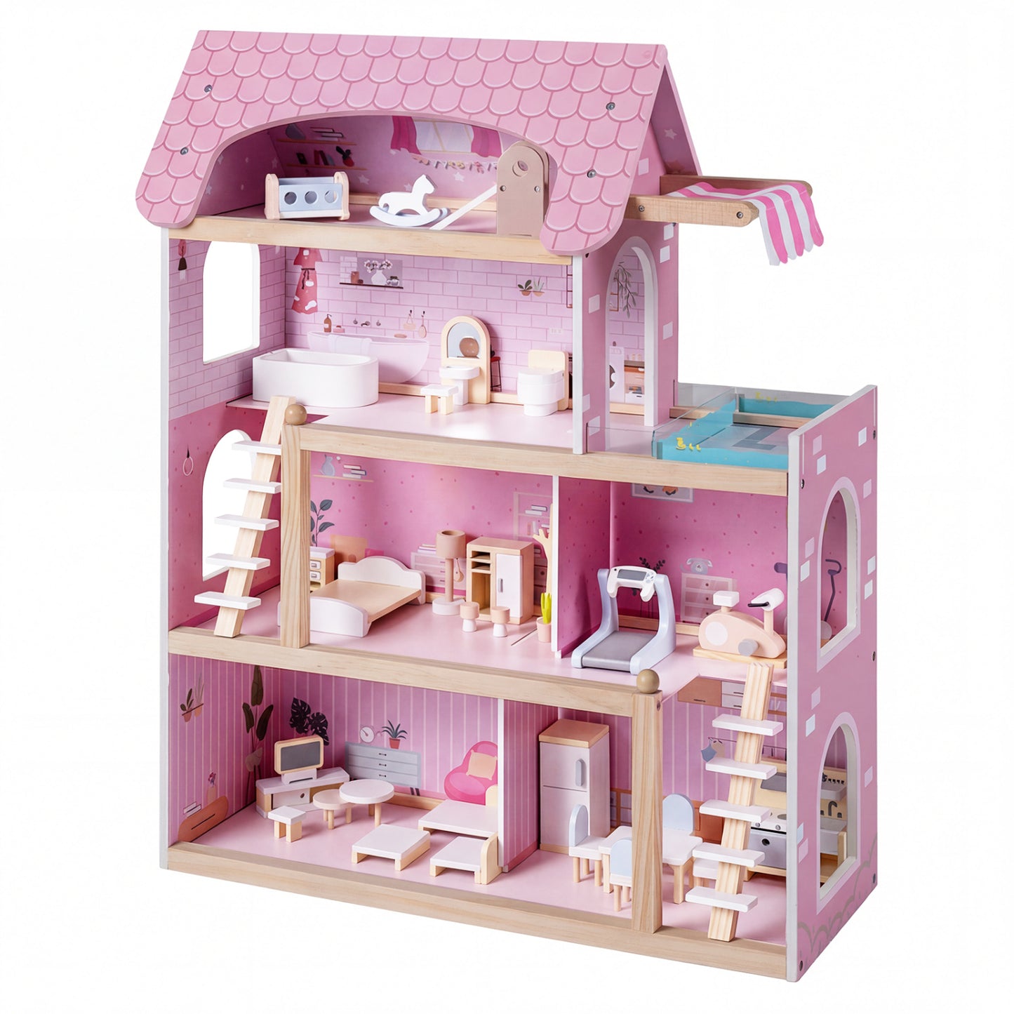 Maison de poupée en bois pour enfants, maison de jeu DIY avec 33 meubles, rose