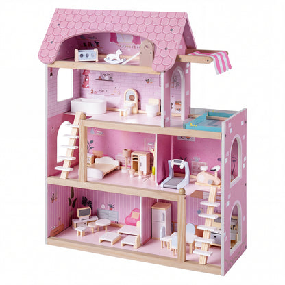 Maison de poupée en bois pour enfants, maison de jeu DIY avec 33 meubles, rose