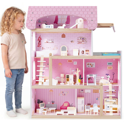 Maison de poupée en bois pour enfants, maison de jeu DIY avec 33 meubles, rose