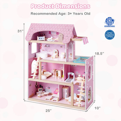 Maison de poupée en bois pour enfants, maison de jeu DIY avec 33 meubles, rose