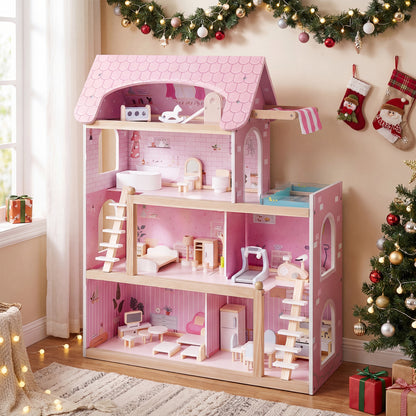 Maison de poupée en bois pour enfants, maison de jeu DIY avec 33 meubles, rose