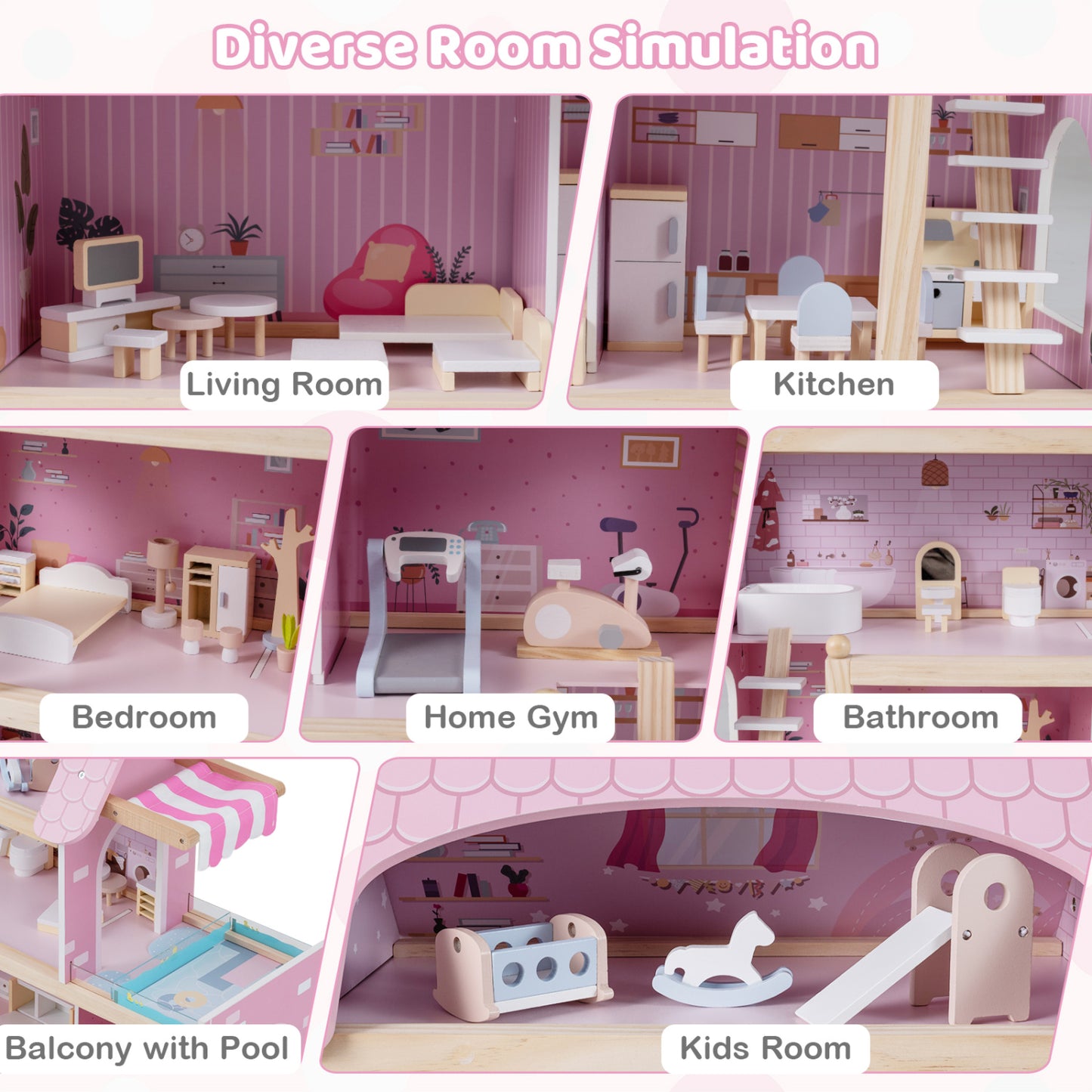 Maison de poupée en bois pour enfants, maison de jeu DIY avec 33 meubles, rose