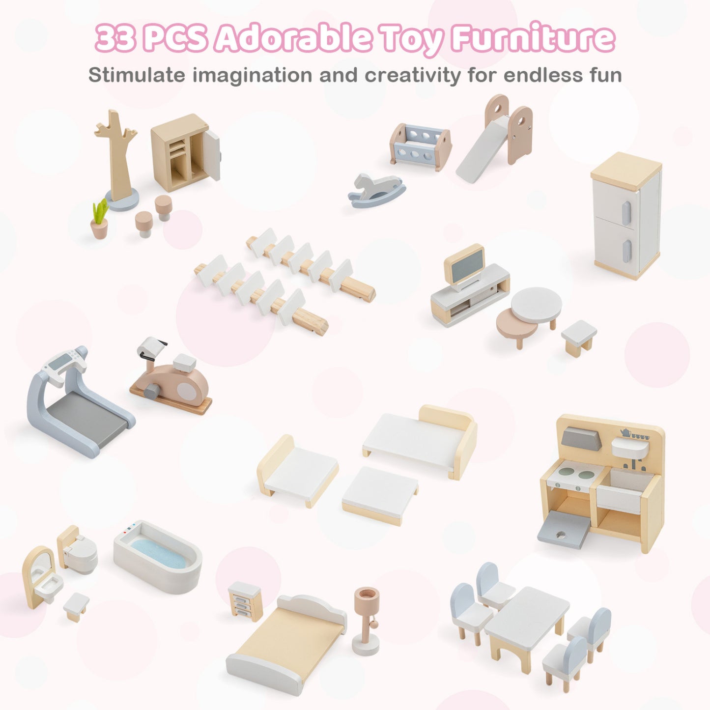 Maison de poupée en bois pour enfants, maison de jeu DIY avec 33 meubles, rose