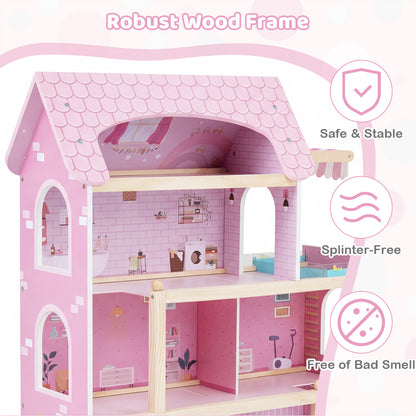 Maison de poupée en bois pour enfants, maison de jeu DIY avec 33 meubles, rose