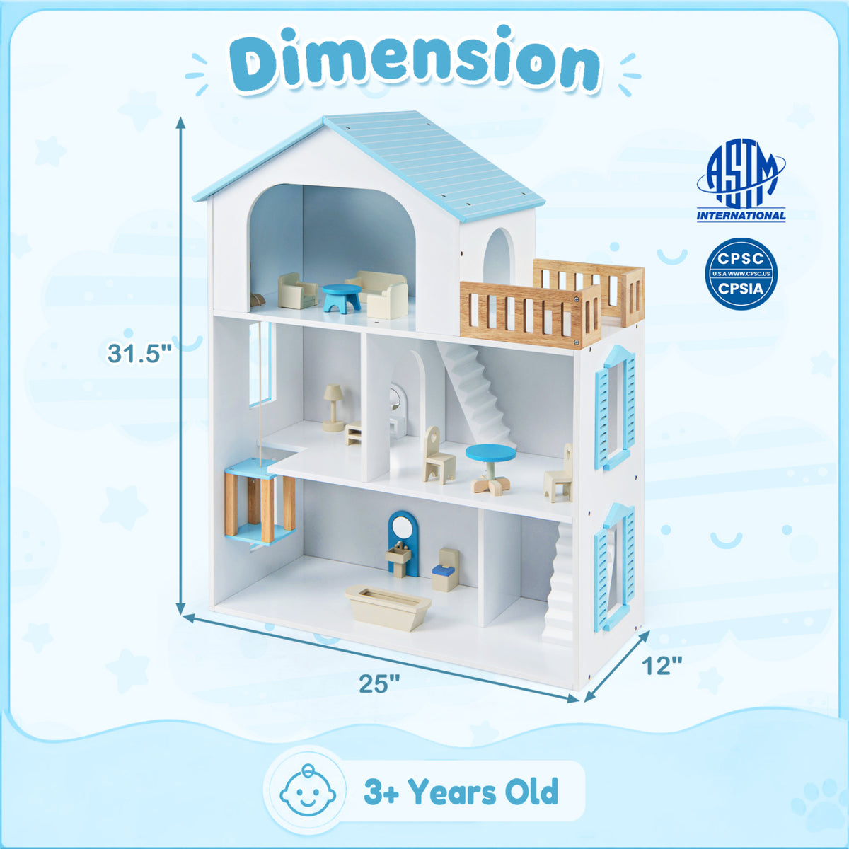 Wooden Dollhouse, 5 Rooms, Furniture, Kids, Blue