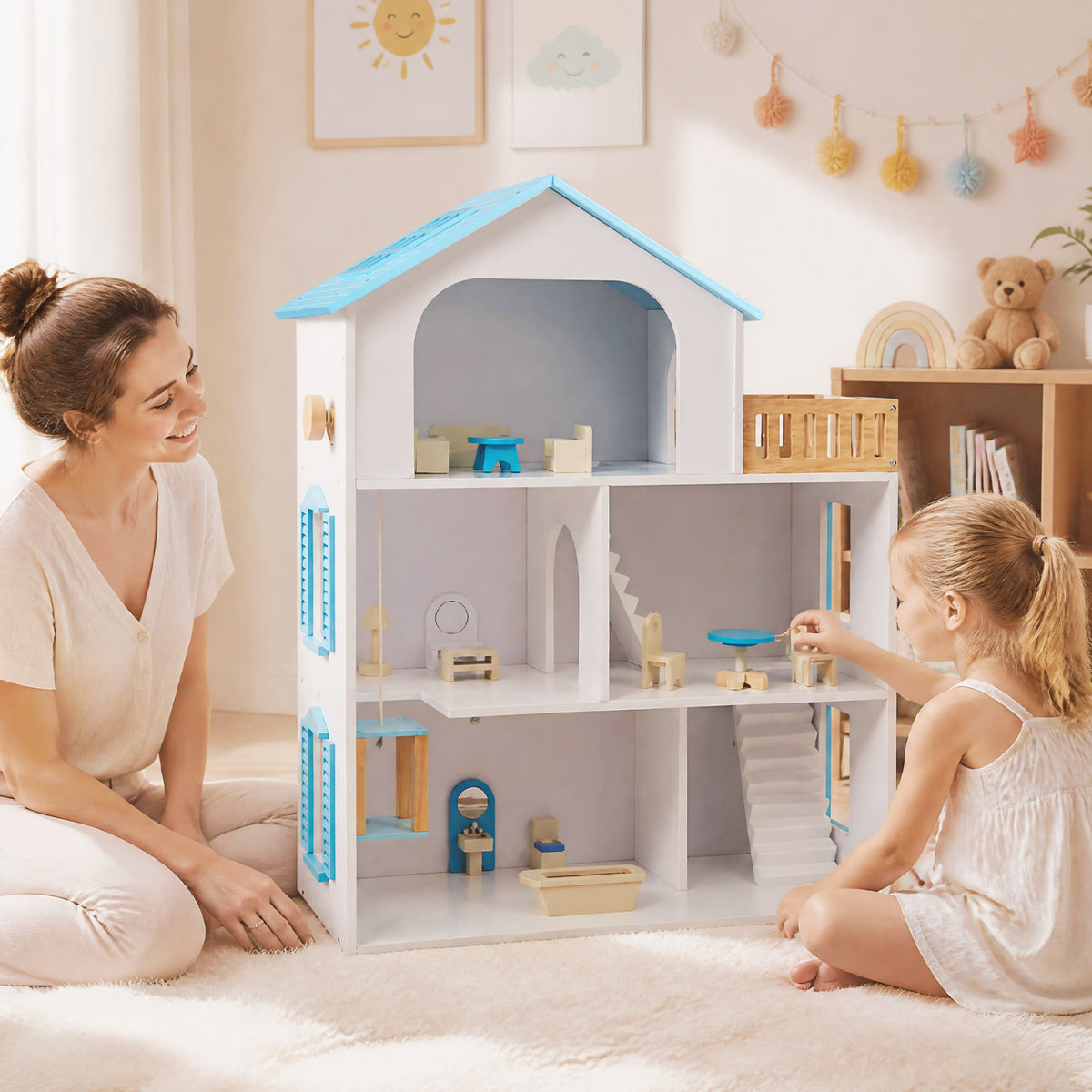 Wooden Dollhouse, 5 Rooms, Furniture, Kids, Blue