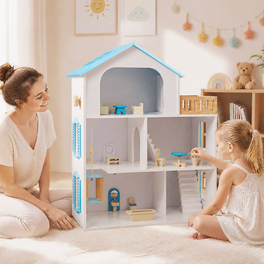 Wooden Dollhouse, 5 Rooms, Furniture, Kids, Blue