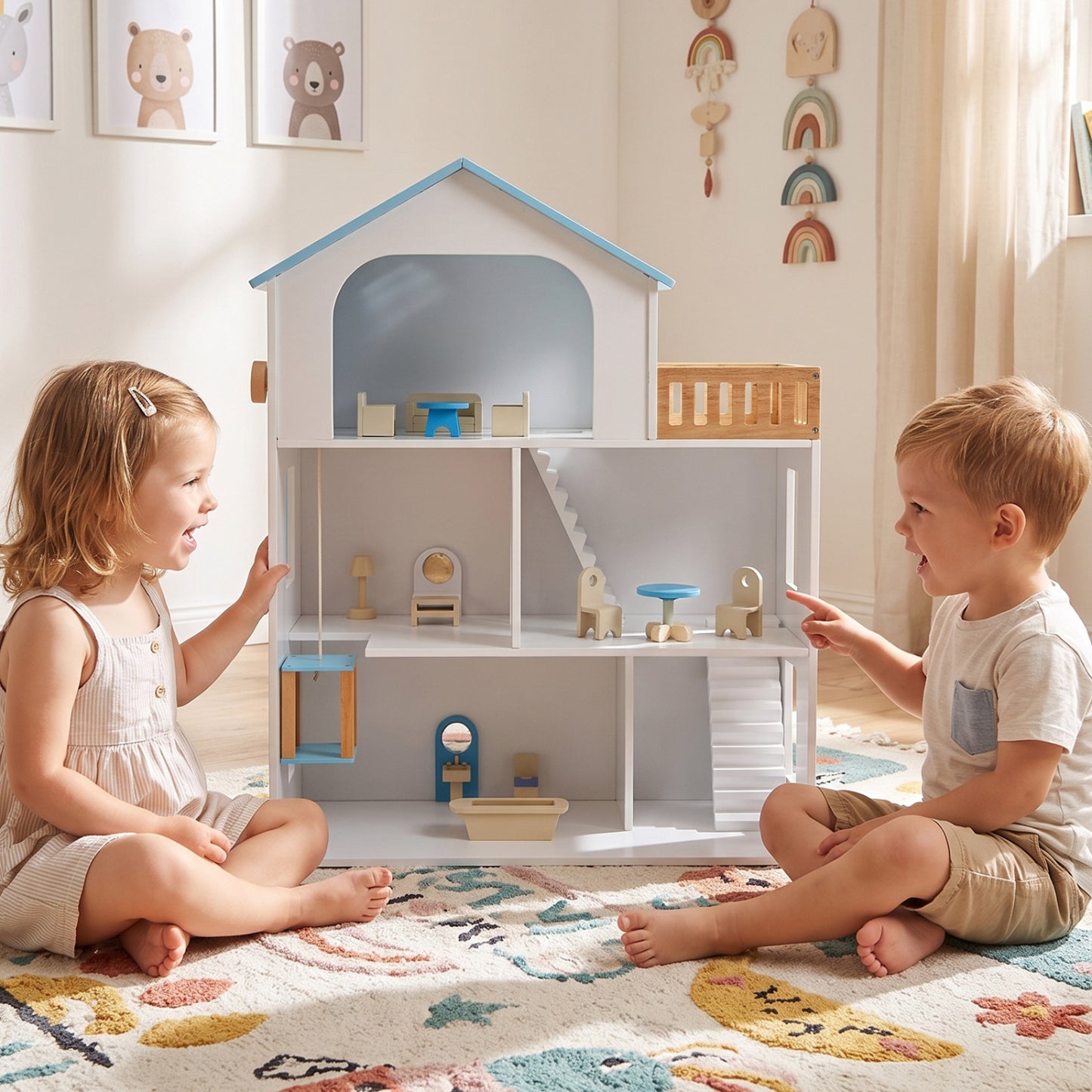 Wooden Dollhouse, 5 Rooms, Furniture, Kids, Blue