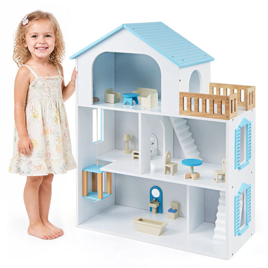 Wooden Dollhouse, 5 Rooms, Furniture, Kids, Blue