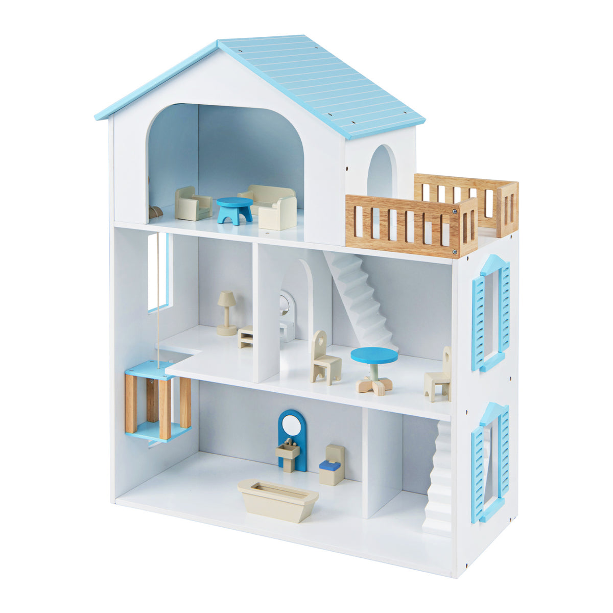 Wooden Dollhouse, 5 Rooms, Furniture, Kids, Blue