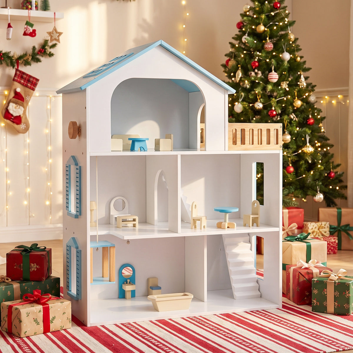 Wooden Dollhouse, 5 Rooms, Furniture, Kids, Blue
