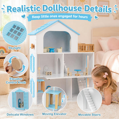 Wooden Dollhouse, 5 Rooms, Furniture, Kids, Blue