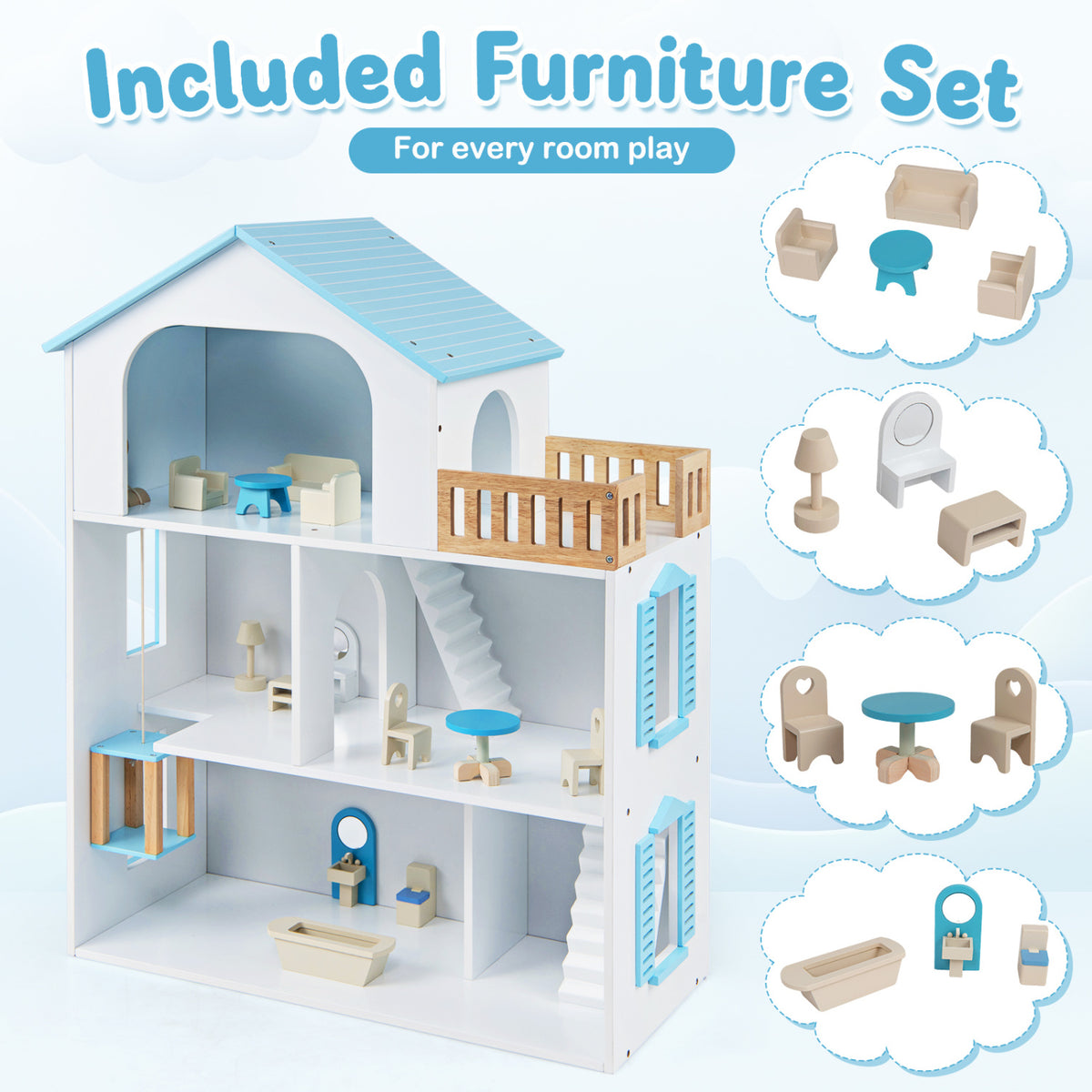 Wooden Dollhouse, 5 Rooms, Furniture, Kids, Blue