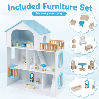 Wooden Dollhouse, 5 Rooms, Furniture, Kids, Blue