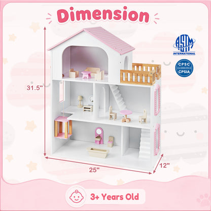 Wooden Dollhouse, 5 Rooms, Furniture Accessories, Pink