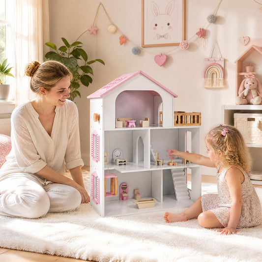 Wooden Dollhouse, 5 Rooms, Furniture Accessories, Pink