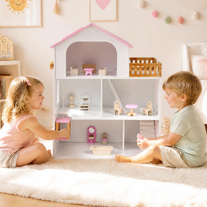 Wooden Dollhouse, 5 Rooms, Furniture Accessories, Pink