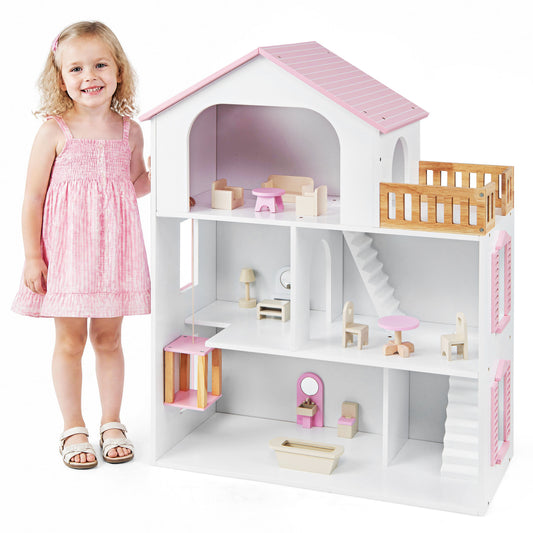 Wooden Dollhouse, 5 Rooms, Furniture Accessories, Pink