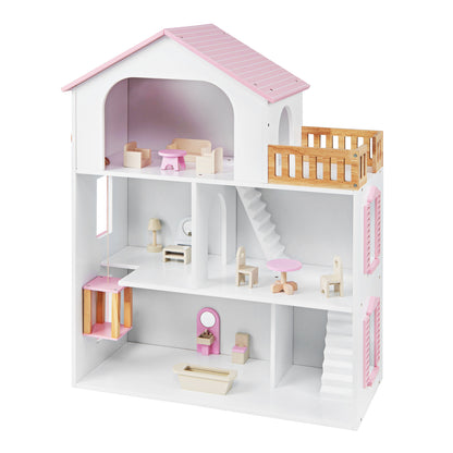 Wooden Dollhouse, 5 Rooms, Furniture Accessories, Pink