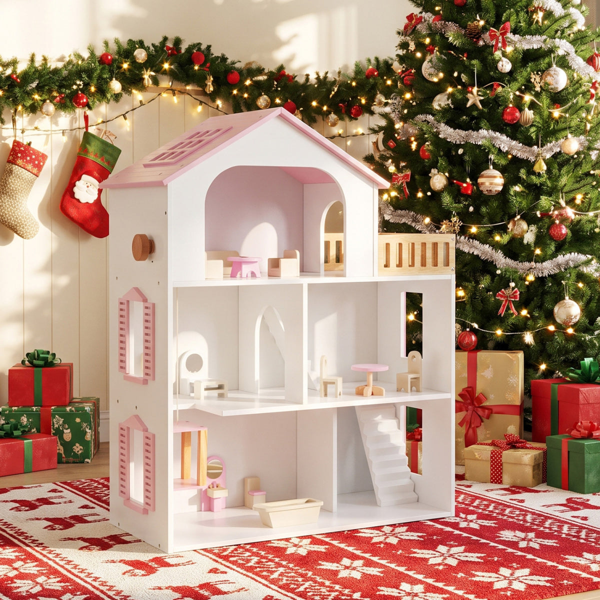 Wooden Dollhouse, 5 Rooms, Furniture Accessories, Pink