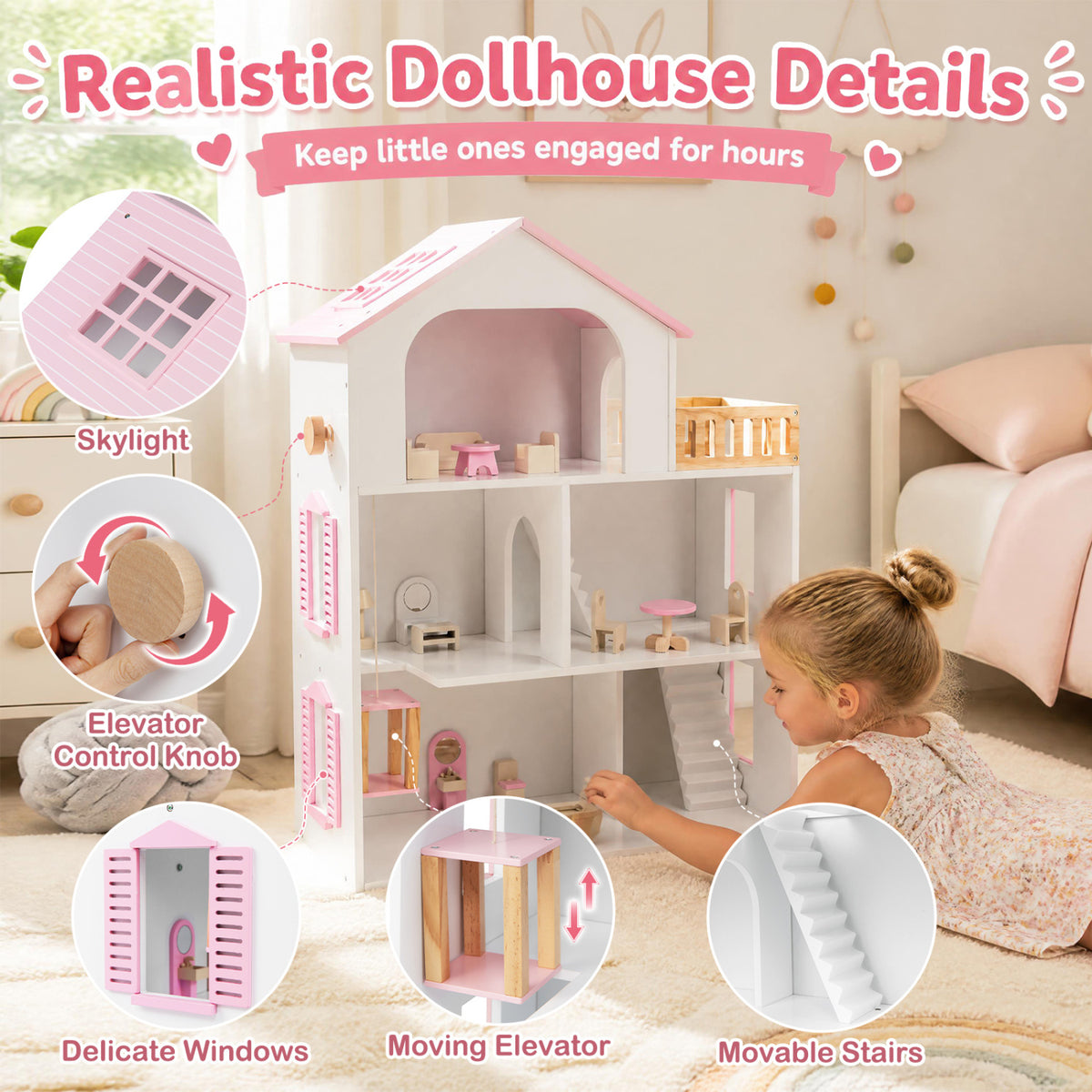 Wooden Dollhouse, 5 Rooms, Furniture Accessories, Pink