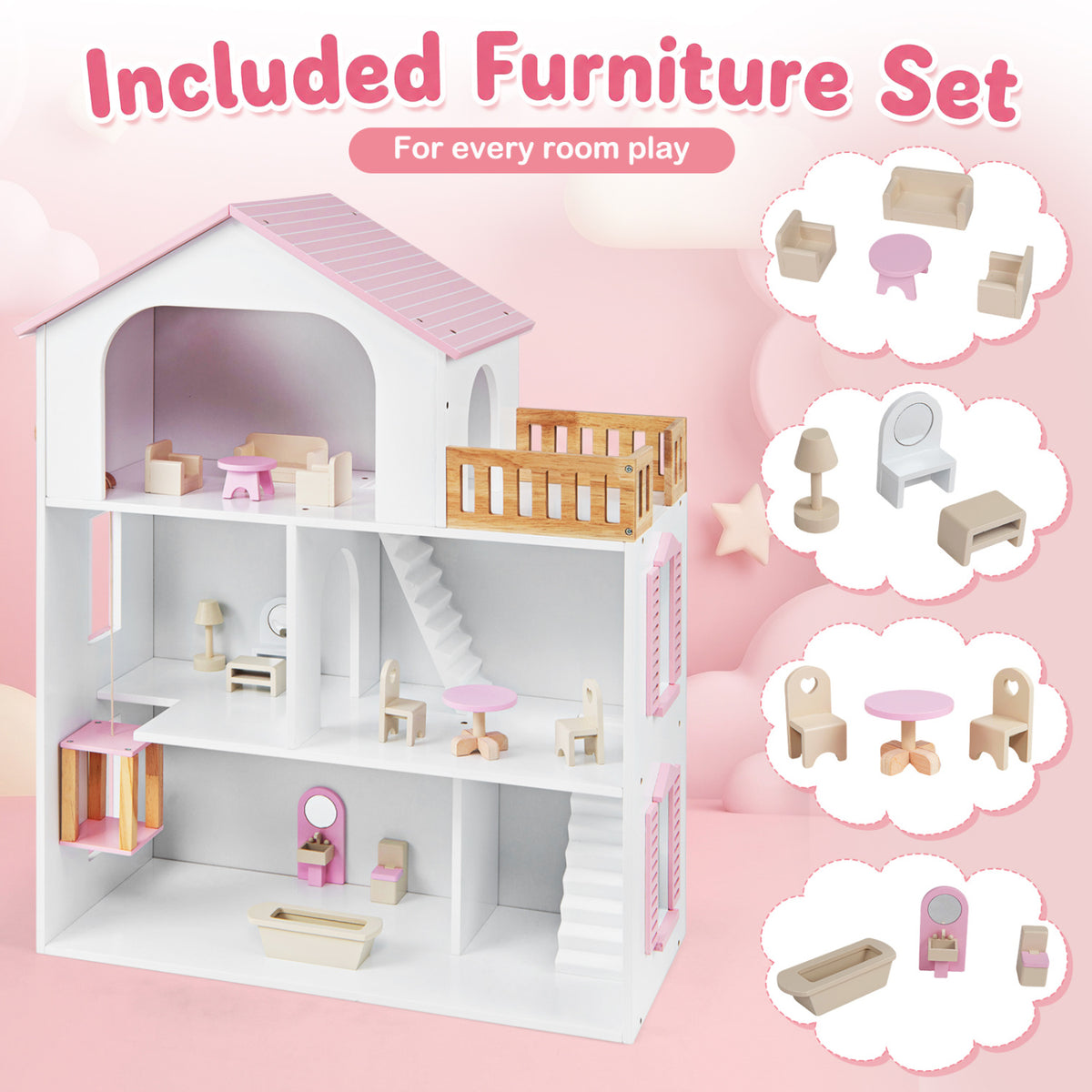 Wooden Dollhouse, 5 Rooms, Furniture Accessories, Pink