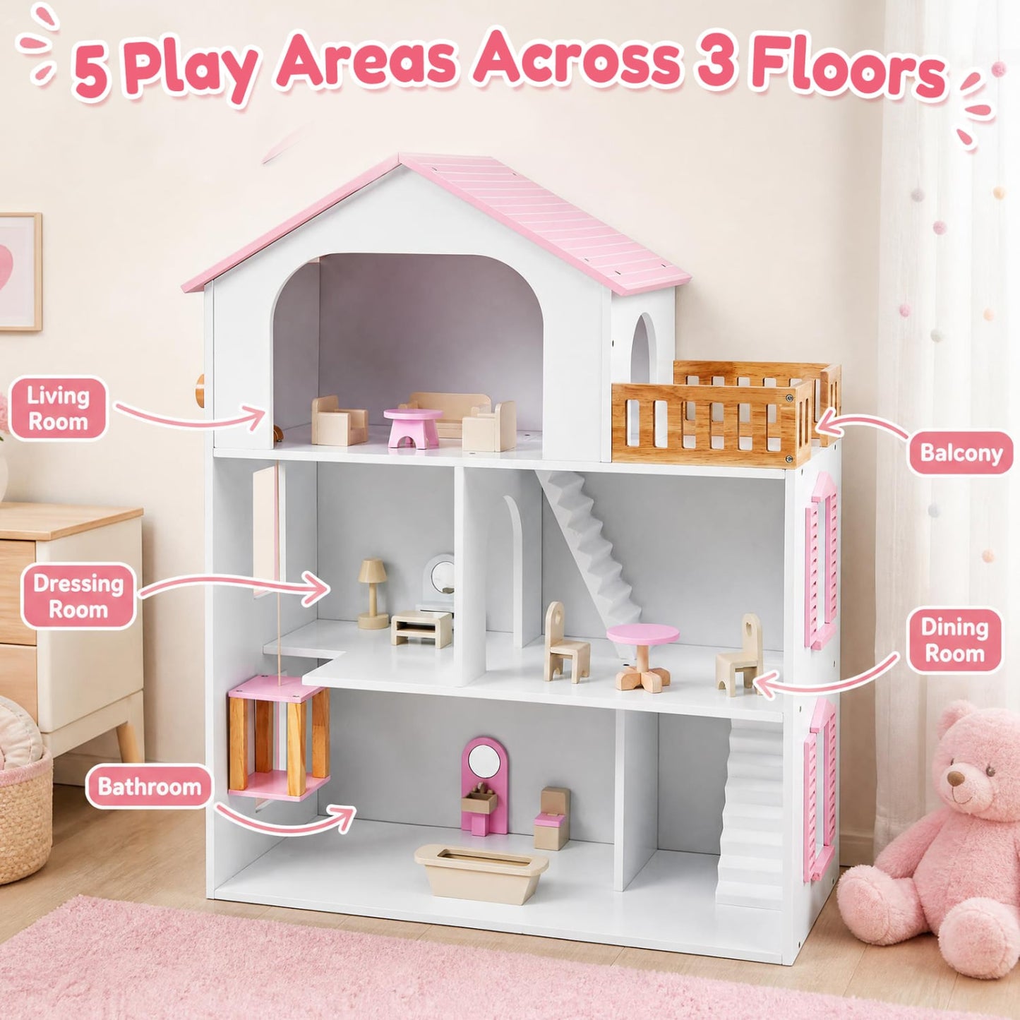 Wooden Dollhouse, 5 Rooms, Furniture Accessories, Pink