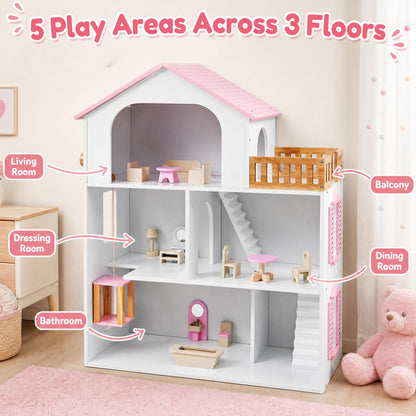 Wooden Dollhouse, 5 Rooms, Furniture Accessories, Pink