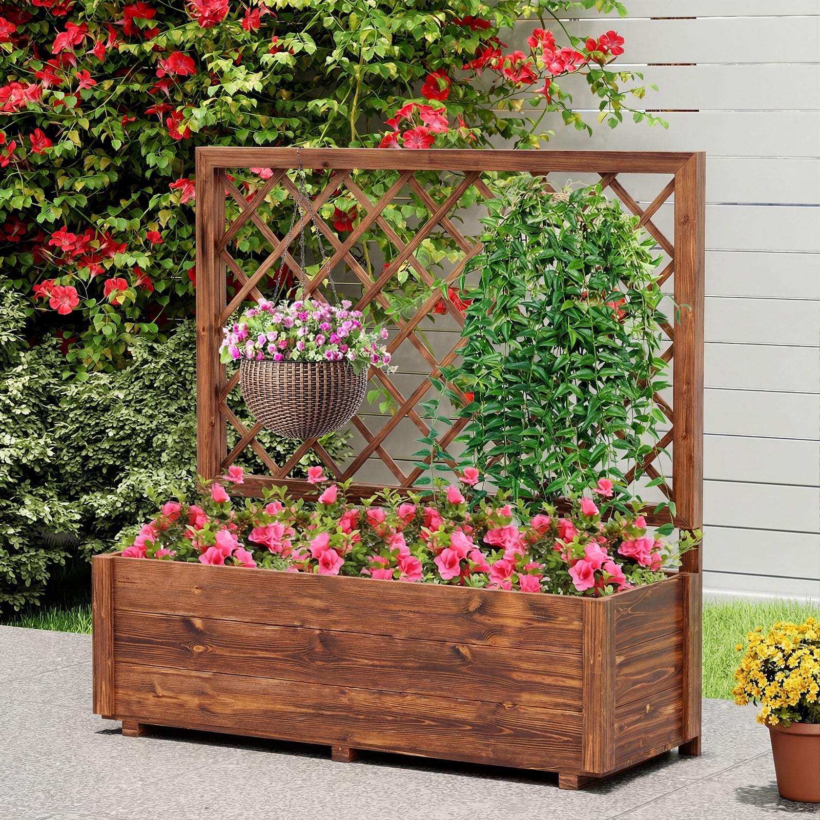 Wooden Elevated Raised Garden Bed, Lattice Trellis, Drainage Holes, Orange Raised Garden Beds at Gallery Canada