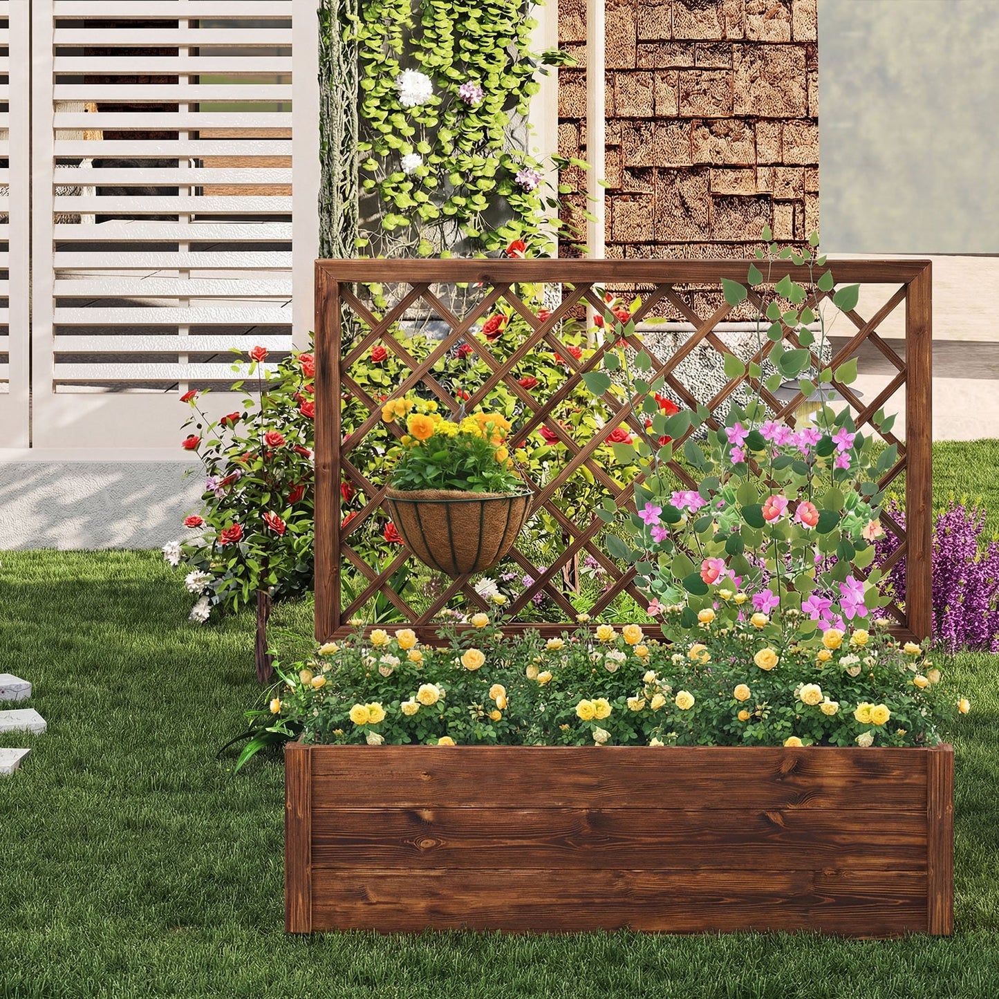 Wooden Elevated Raised Garden Bed, Lattice Trellis, Drainage Holes, Orange Raised Garden Beds at Gallery Canada