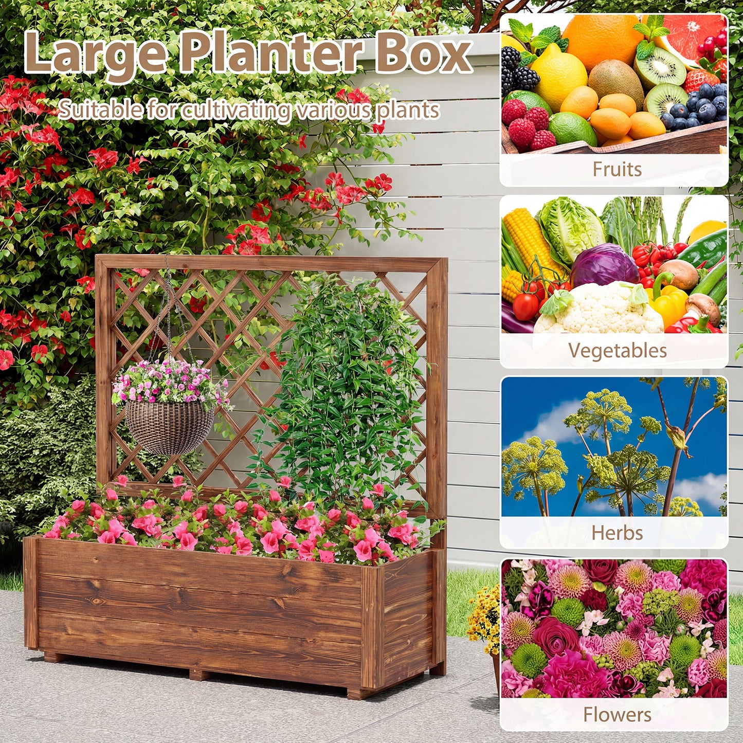 Wooden Elevated Raised Garden Bed, Lattice Trellis, Drainage Holes, Orange Raised Garden Beds at Gallery Canada
