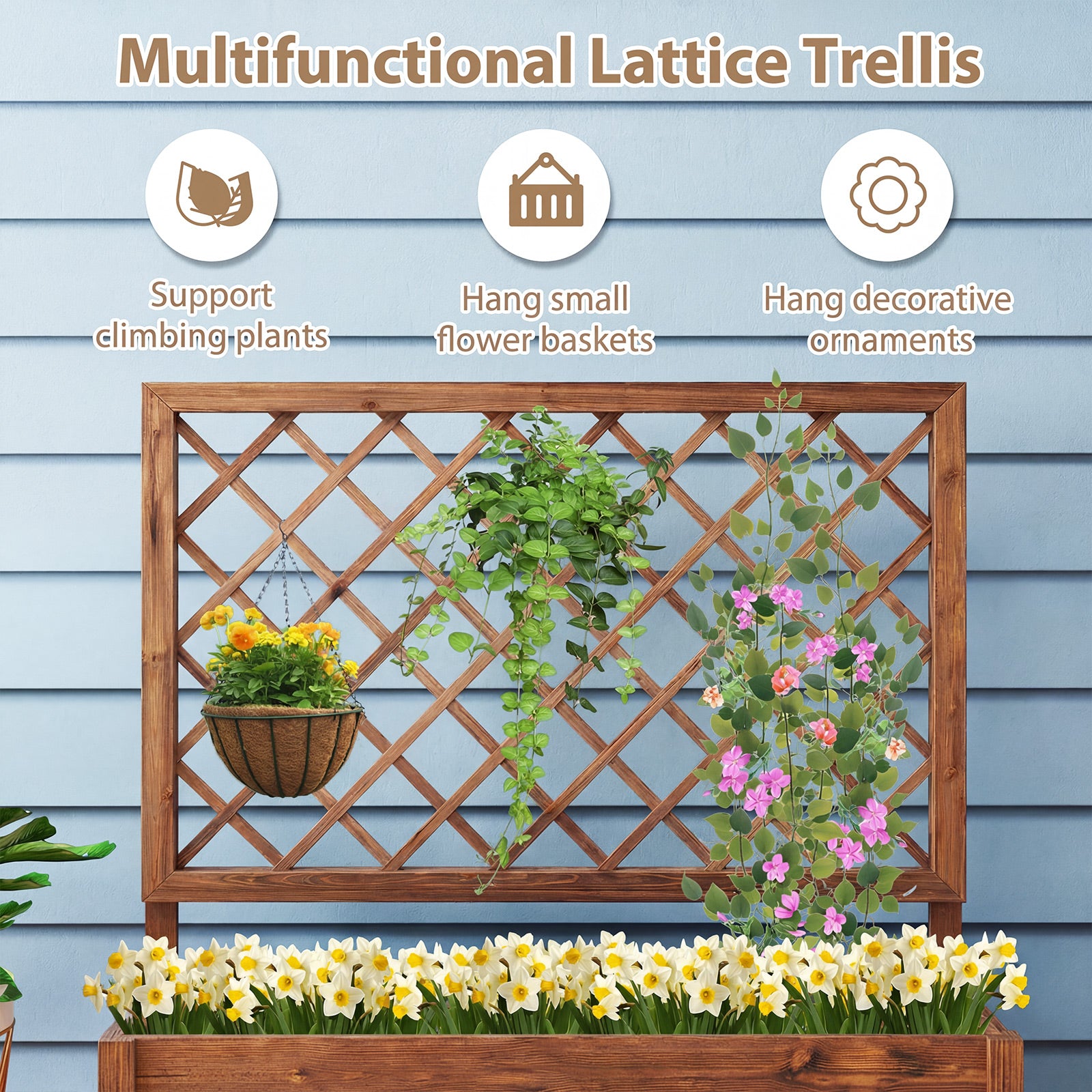 Wooden Elevated Raised Garden Bed, Lattice Trellis, Drainage Holes, Orange Raised Garden Beds at Gallery Canada