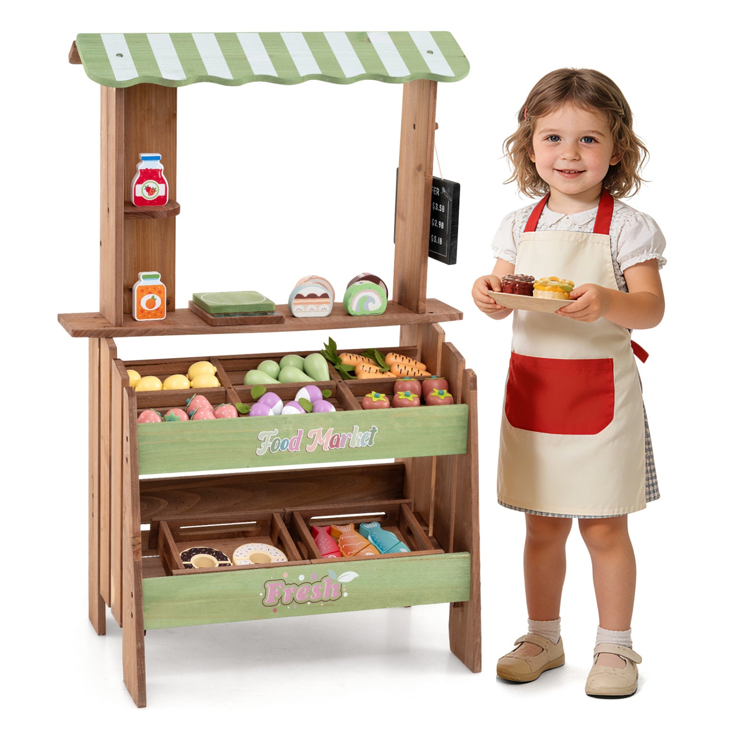 Wooden Grocery Store with Chalkboard and Accessories Montessori Toy for 3+ Kids Play Kitchen Sets Rustic Brown at Gallery Canada