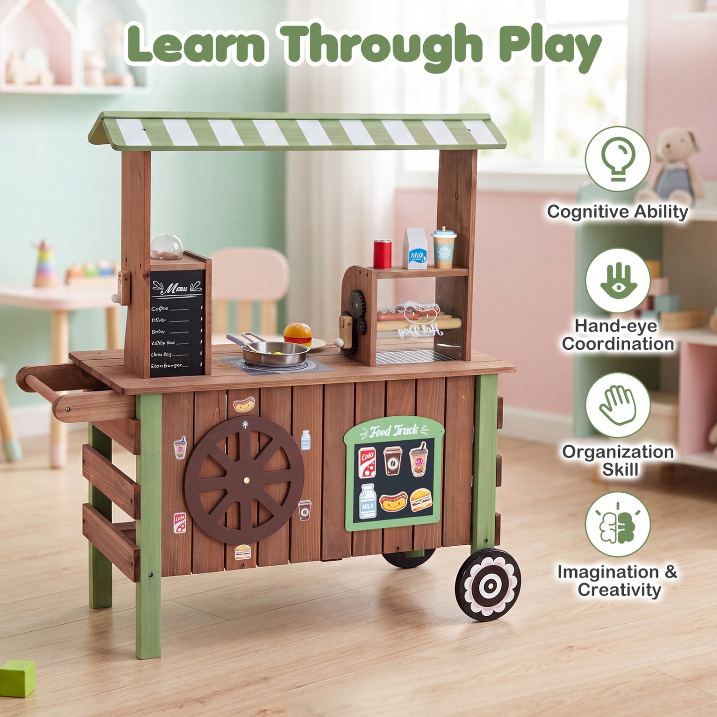 Wooden Grocery Store Playset, Large Wheels
