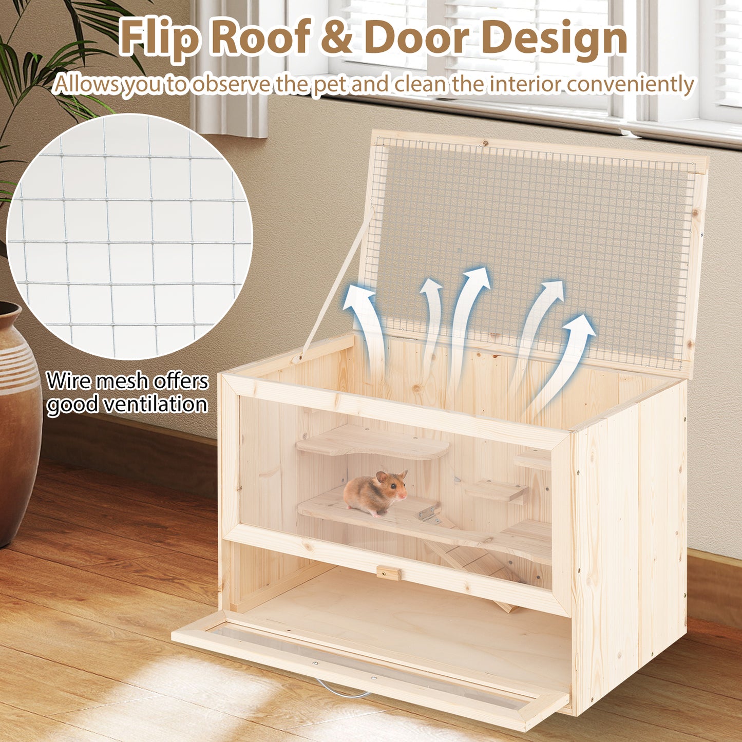 Wooden Hamster Cage with Mesh Flip Roof, Natural Pets at Gallery Canada
