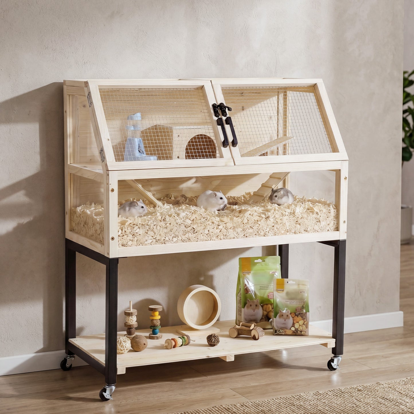 Cage à hamster en bois, habitat à 2 étages avec roulettes, naturel