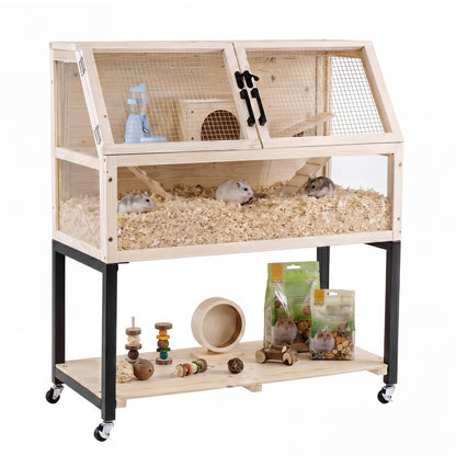 Cage à hamster en bois, habitat à 2 étages avec roulettes, naturel