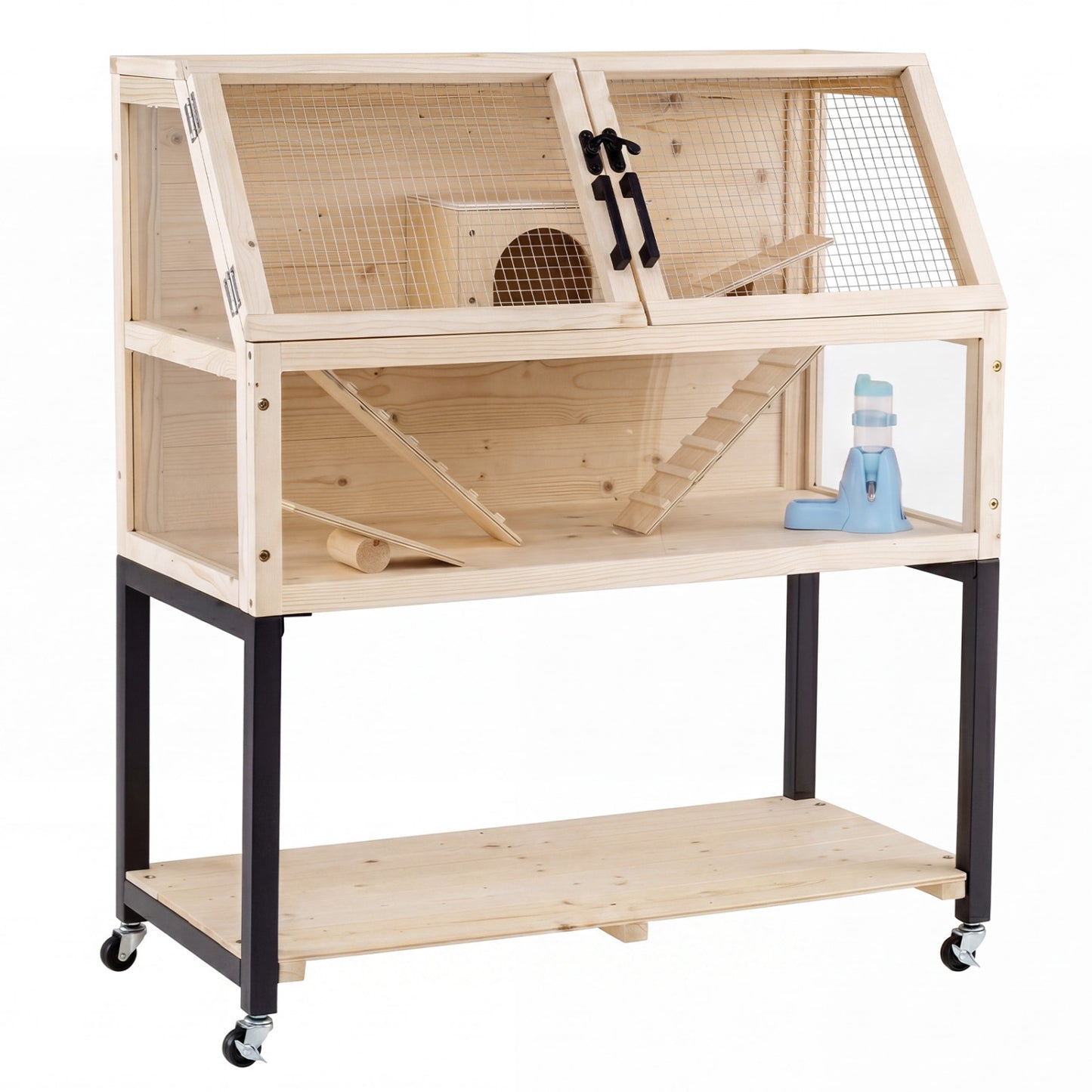 Cage à hamster en bois, habitat à 2 étages avec roulettes, naturel