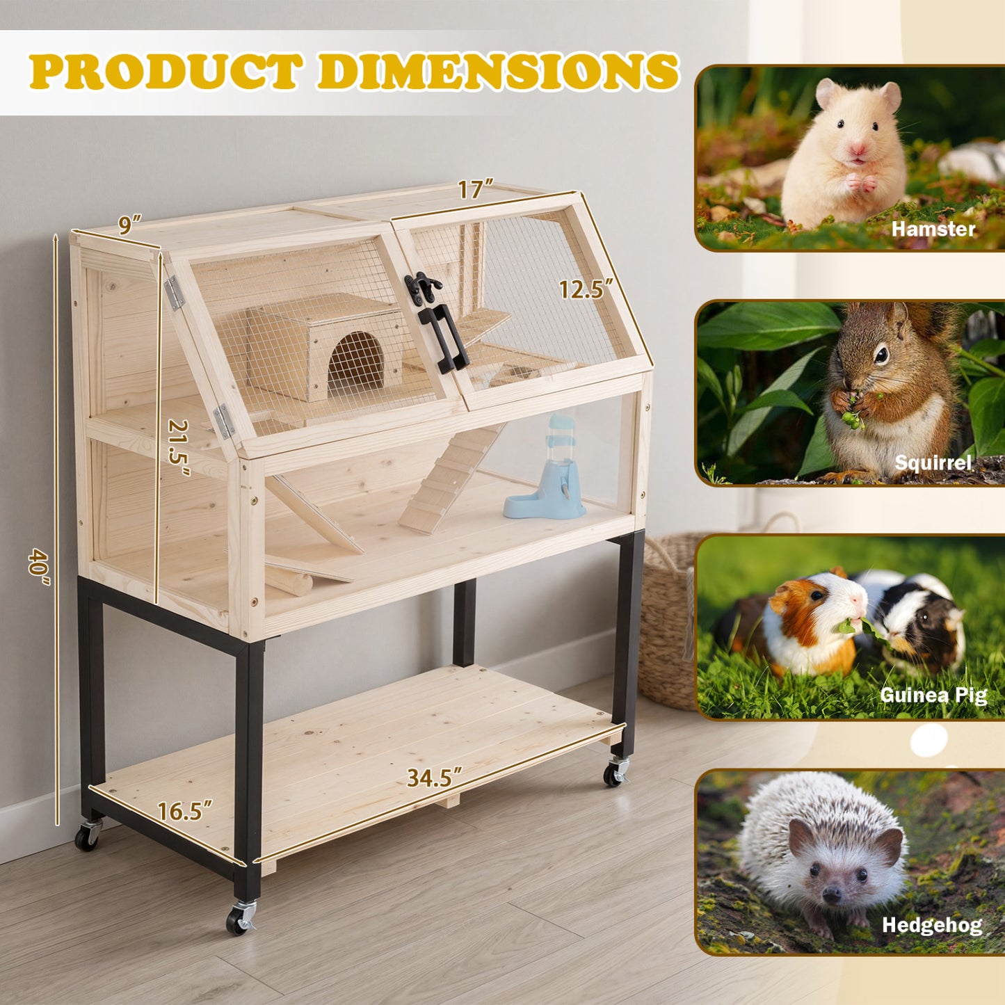 Cage à hamster en bois, habitat à 2 étages avec roulettes, naturel