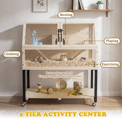 Cage à hamster en bois, habitat à 2 étages avec roulettes, naturel