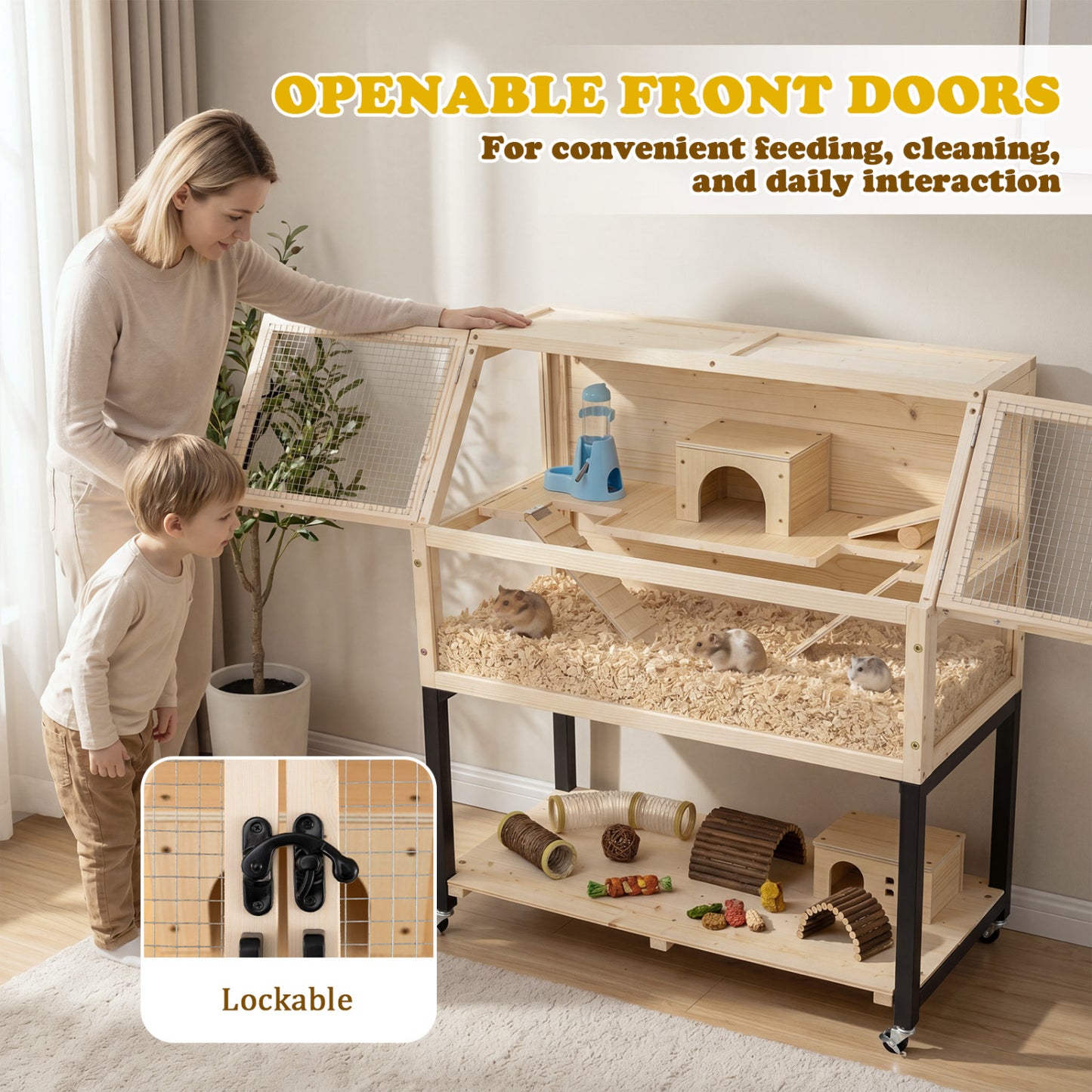 Cage à hamster en bois, habitat à 2 étages avec roulettes, naturel