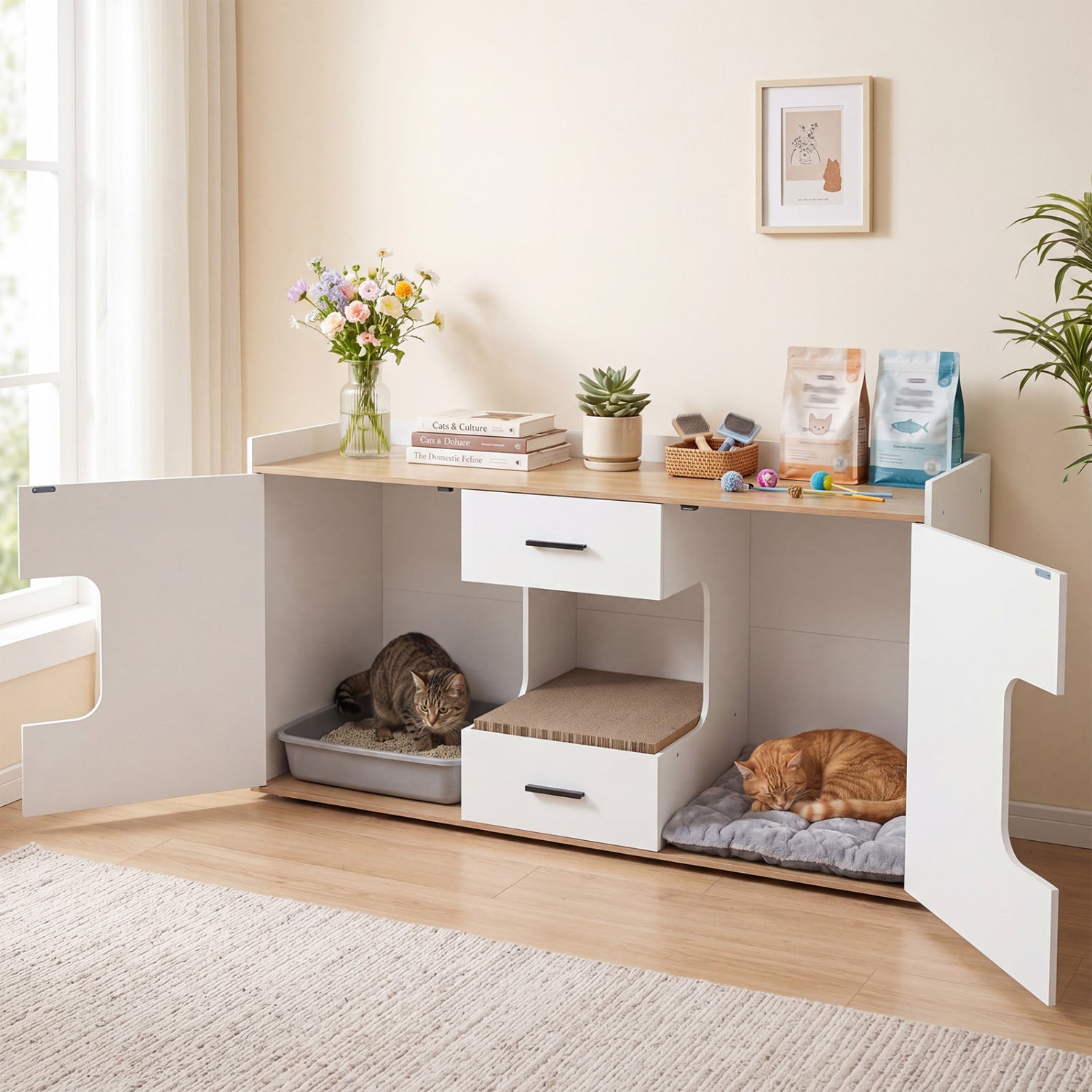 Wooden Hidden Cat House Cabinet, Wide Countertop, 2 Drawers, 2 Doors, Natural Cat Houses at Gallery Canada