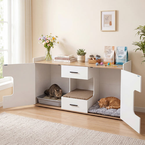 Wooden Hidden Cat House Cabinet, Wide Countertop, 2 Drawers, 2 Doors, Natural