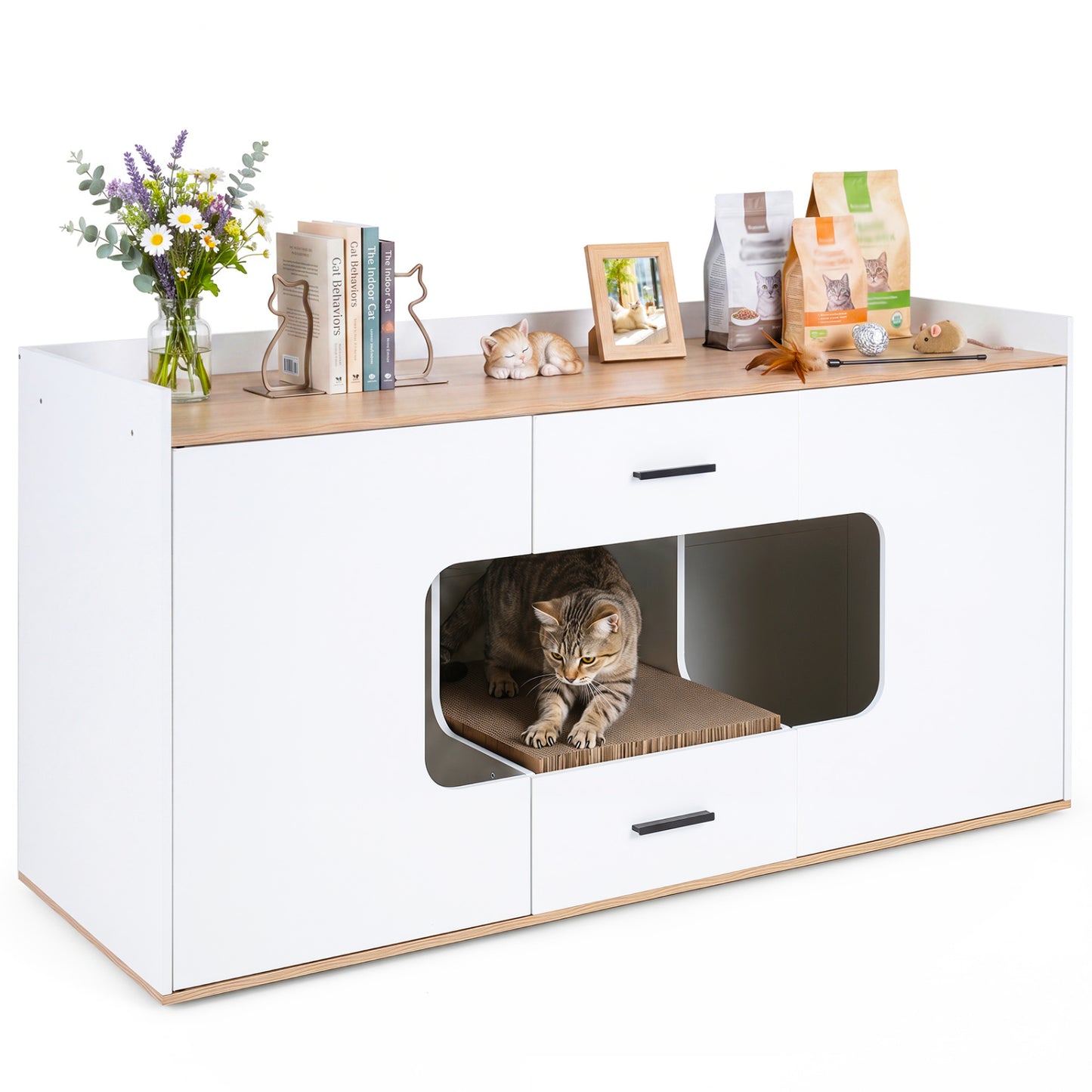 Wooden Hidden Cat House Cabinet, Wide Countertop, 2 Drawers, 2 Doors, Natural Cat Houses Natural at Gallery Canada