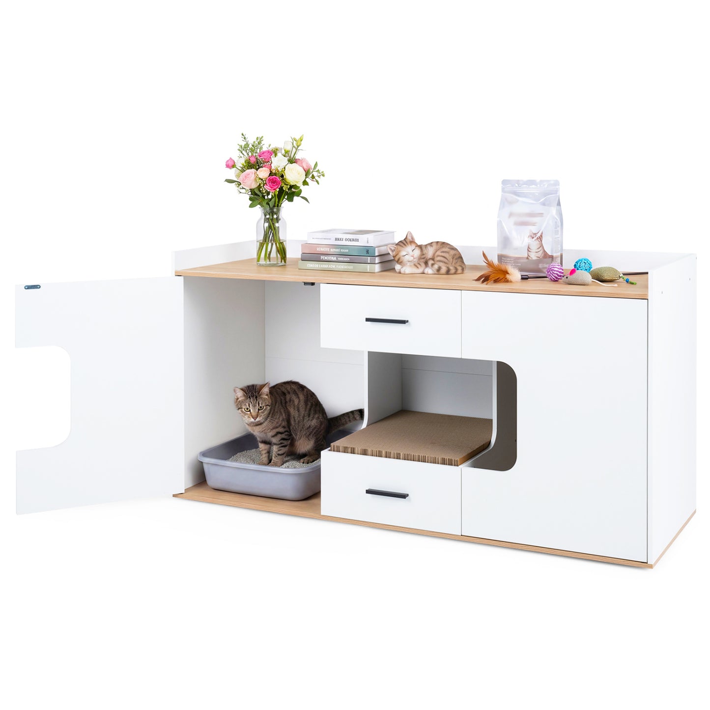 Wooden Hidden Cat House Cabinet, Wide Countertop, 2 Drawers, 2 Doors, Natural Cat Houses at Gallery Canada