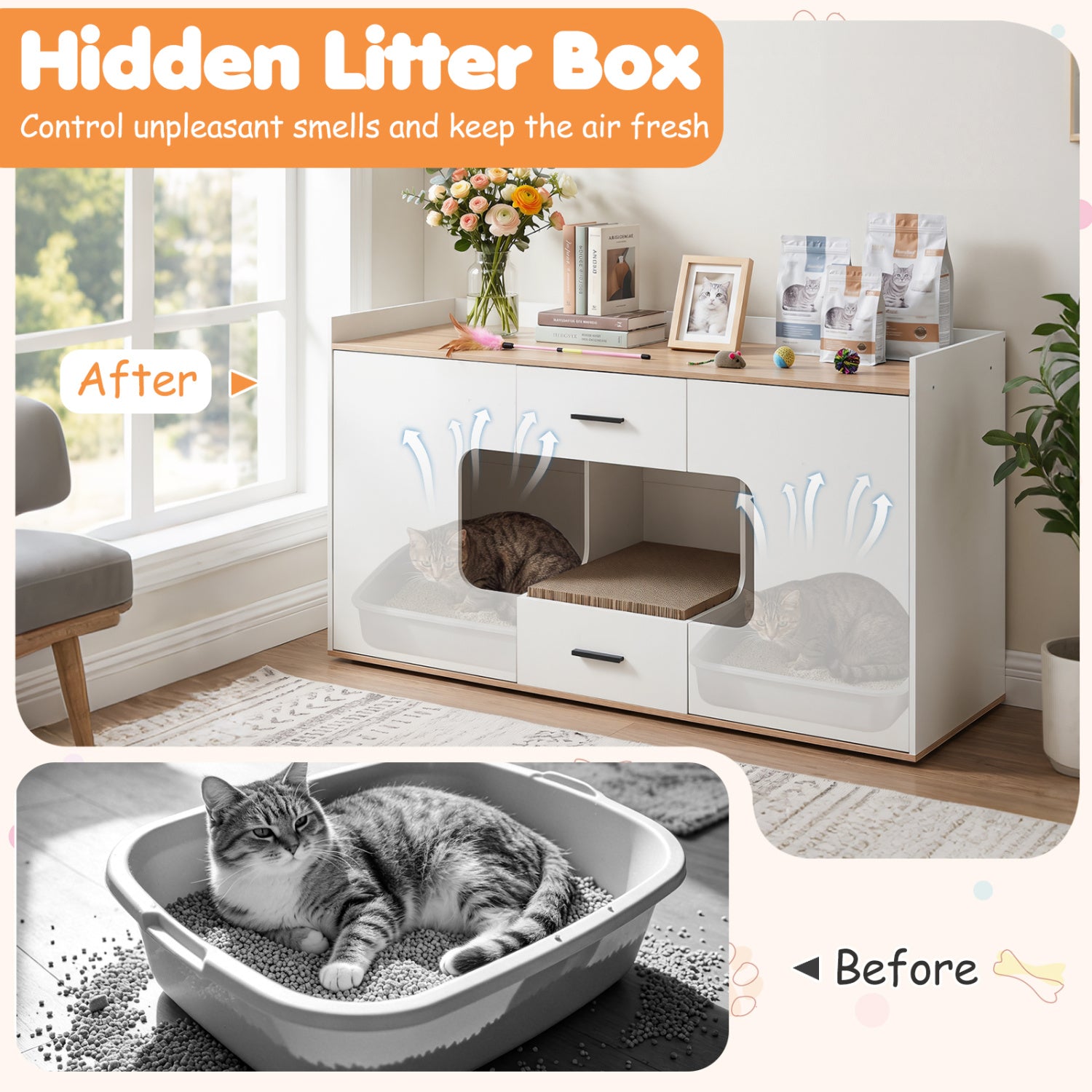 Wooden Hidden Cat House Cabinet, Wide Countertop, 2 Drawers, 2 Doors, Natural Cat Houses at Gallery Canada